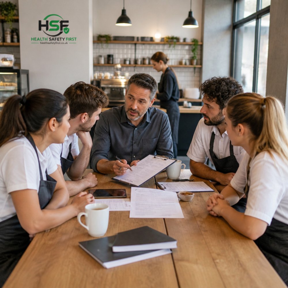 Manager conducting a safety briefing with café staff gathered around a table reviewing documentation and checklists together, natural lighting in modern café setting