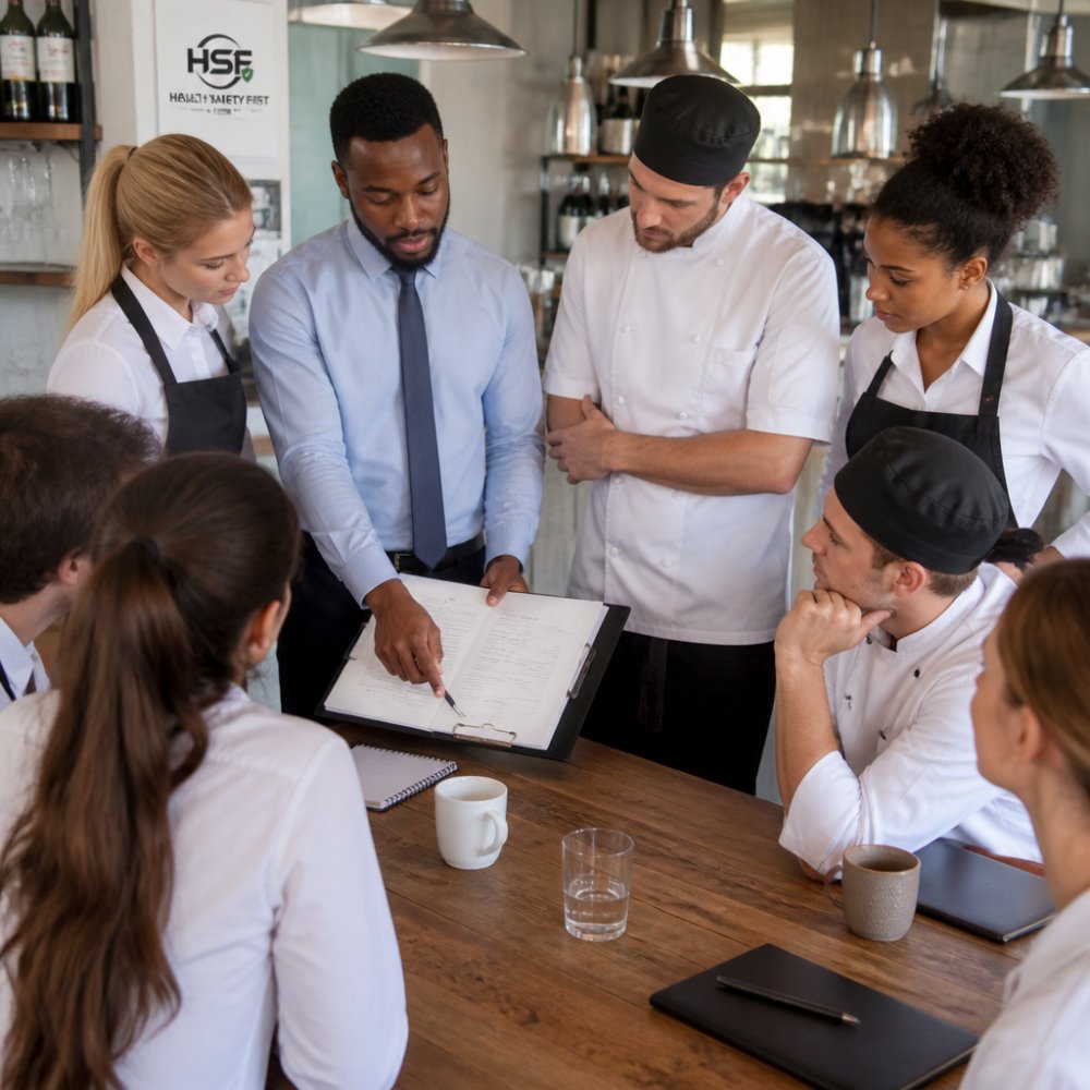 Restaurant or café staff gathered around a table during a safety briefing or training session, with a manager pointing to a safety checklist or procedure document