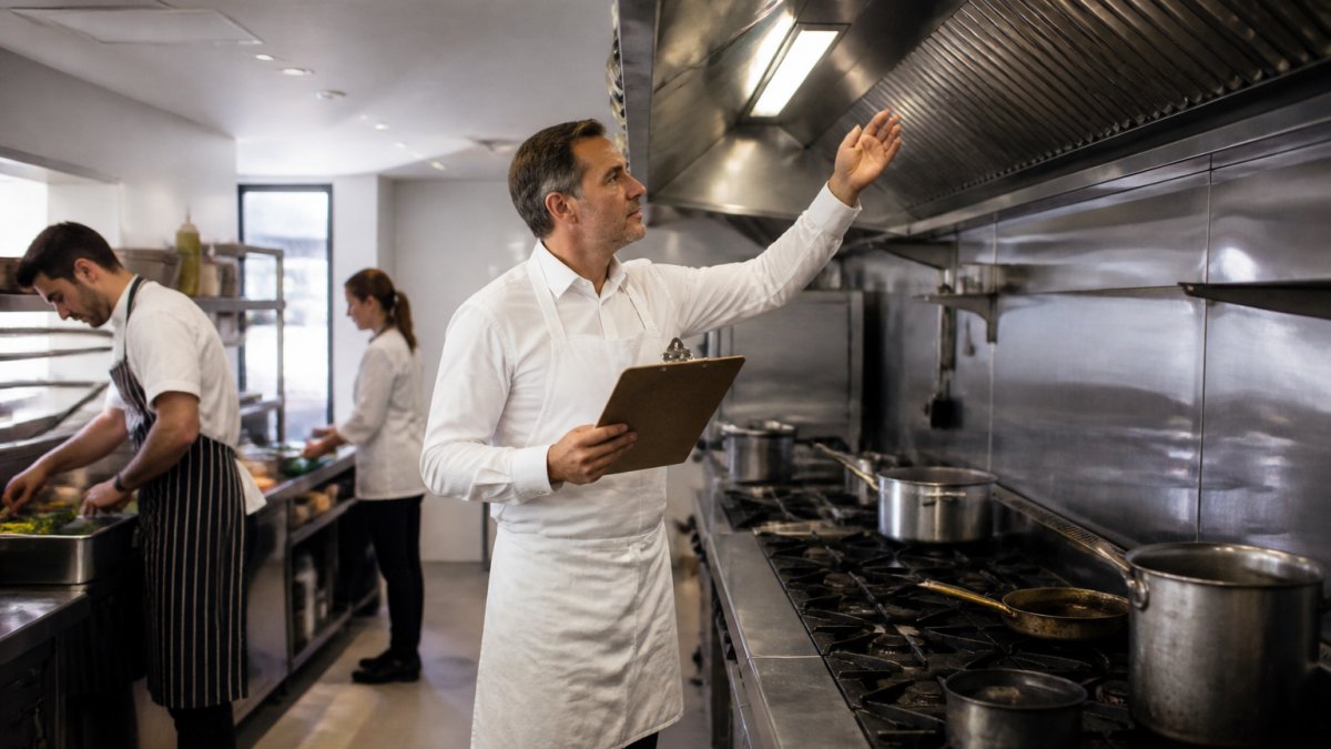 A café manager in a white apron walking through a commercial kitchen with a clipboard, checking a gas hob and extraction hood while staff prepare food in the background