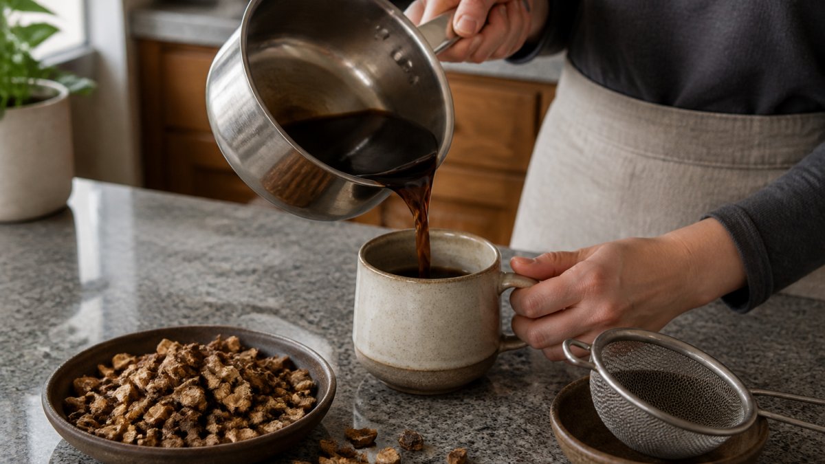 A person pouring a dark chicory root coffee decoction from a small saucepan into a ceramic mug on a kitchen counter, with roasted chicory root pieces and a fine-mesh strainer nearby