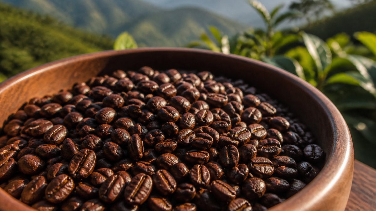 Close-up of fresh Colombian coffee beans in a wooden bowl with morning sunlight streaming across them, showing the rich dark color and texture