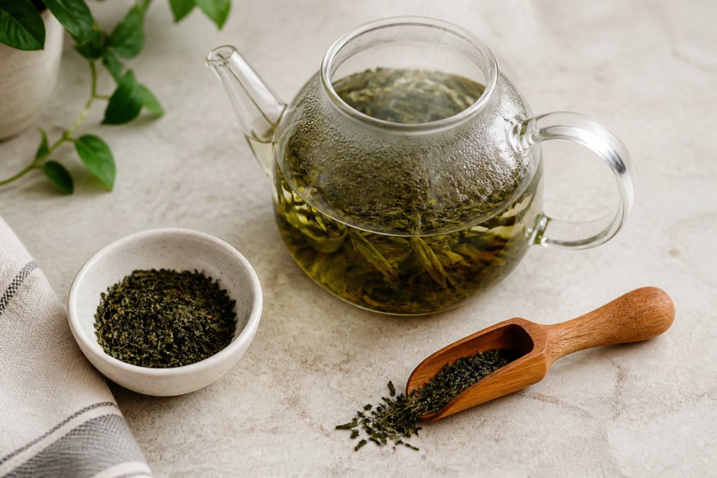 Steaming loose leaf green tea brewing in a glass teapot with a wooden scoop and dry leaves on a light countertop