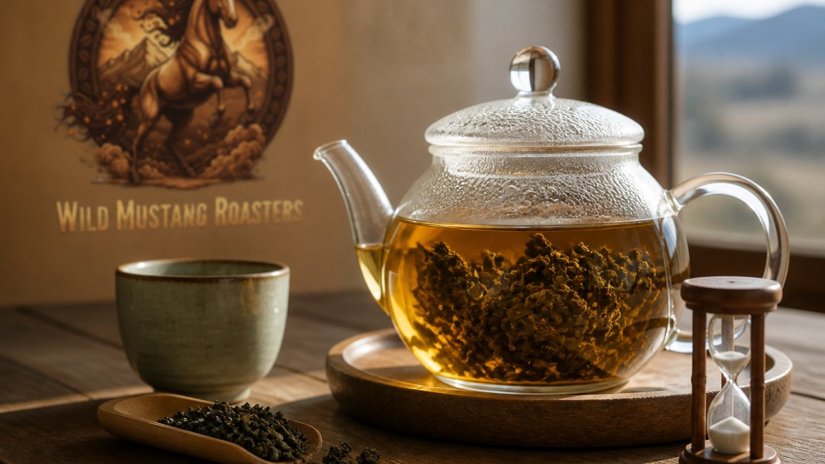 Infographic showing the step-by-step brewing process for loose-leaf tea in a glass teapot with a timer.