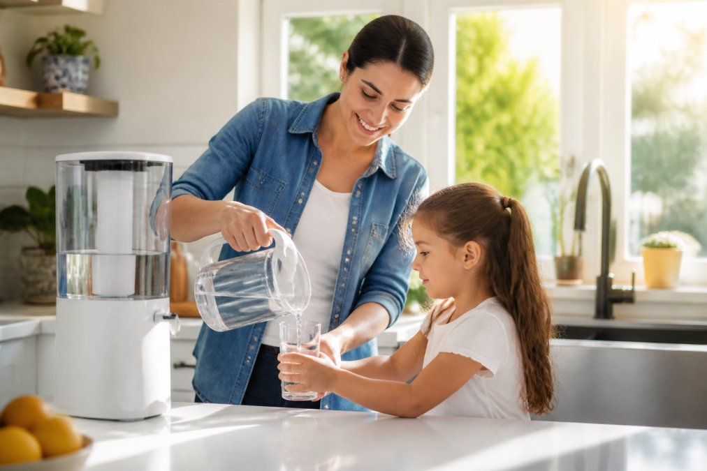 A parent pouring a glass of water from a countertop filtration system for a child in a bright, modern kitchen with sunlight streaming through windows