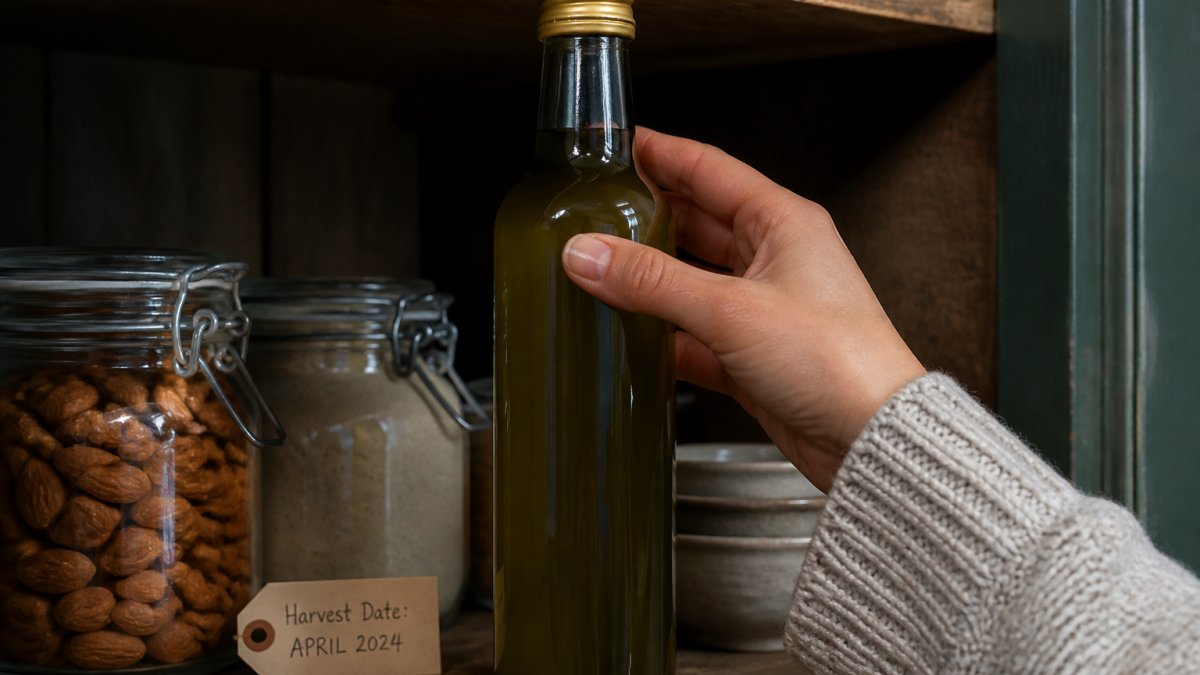 A dark glass bottle of cloudy green olive oil stored upright in a cool, dim kitchen cupboard beside a small handwritten label noting the harvest date
