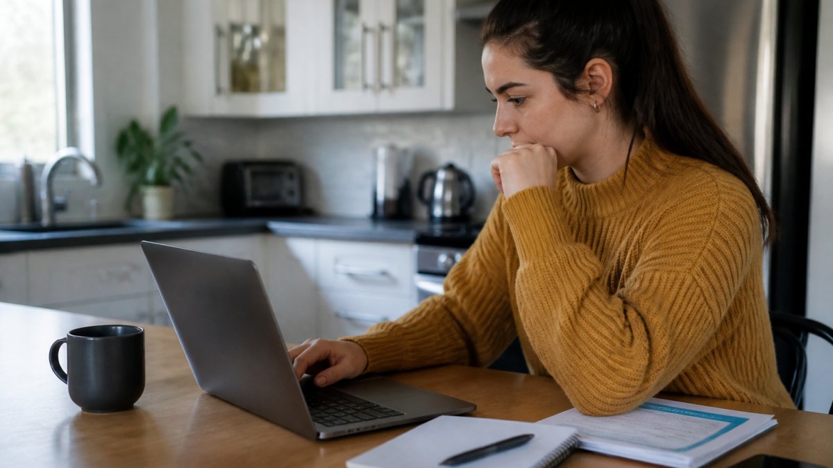 A young adult sitting at a kitchen table with a laptop, reviewing health insurance plan options on a comparison website, with a notebook and coffee nearby