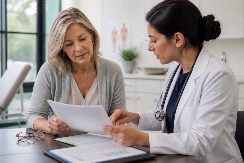 Woman in her 50s reviewing lab results with a doctor to discuss health plans for women longevity in a medical office.