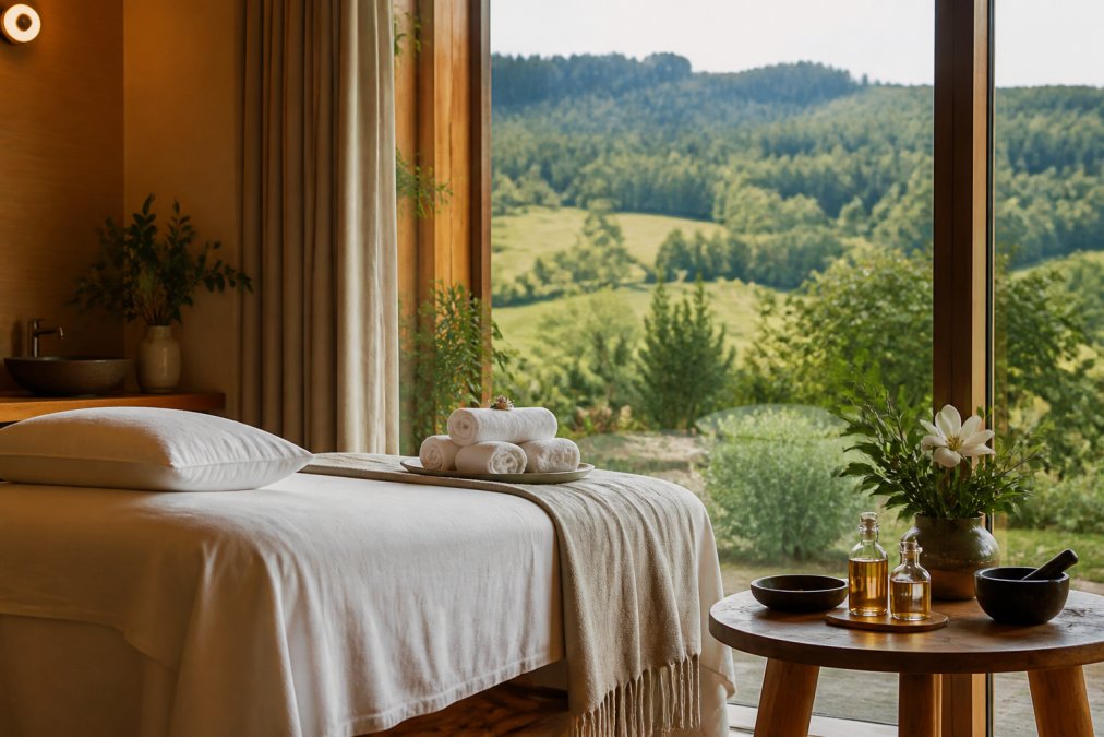 A serene treatment room with soft natural lighting, a massage table draped in white linen, rolled towels, and small bowls of herbal oils on a wooden side table, overlooking a lush green landscape through large windows