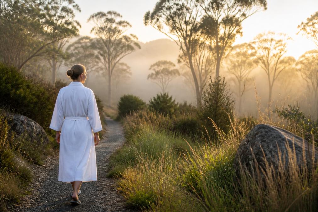 Guest in a white robe walking through a misty eucalyptus forest at dawn during a serene health retreat.