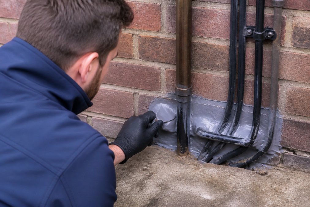 Professional technician sealing a gap around pipes and cables entering a property wall with grey sealant material, demonstrating proper rodent exclusion technique