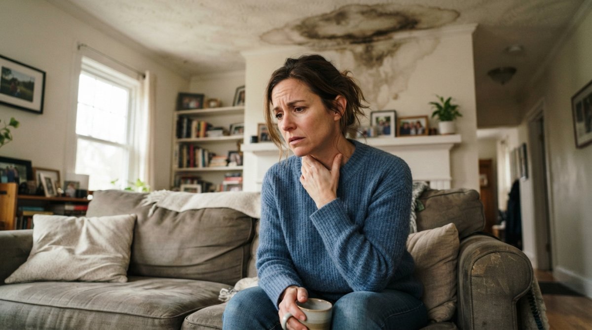 Concerned homeowner touching their throat while sitting under a water-stained ceiling showing health symptoms linked to