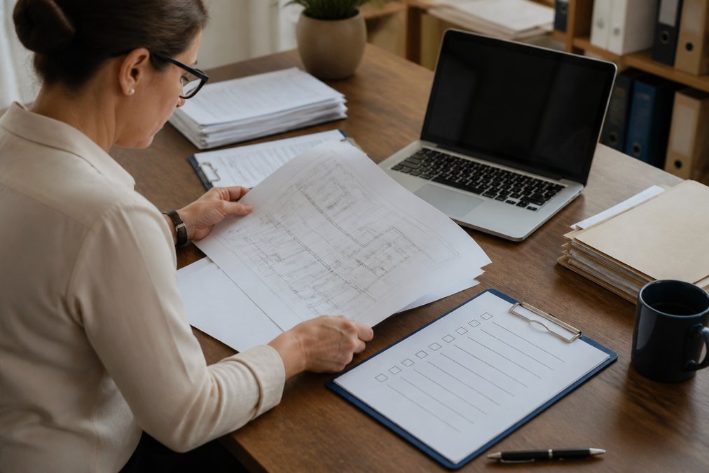 Healthcare administrator reviewing licensing documents and facility blueprints at a desk with a laptop and compliance checklist visible