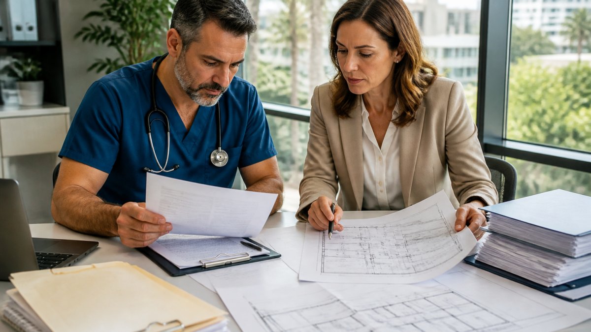 Healthcare consultant and facility owner reviewing licensing documents and blueprints in a modern office.