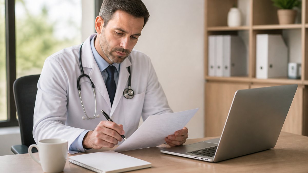 A physician in a white coat sitting at a desk reviewing a printed contract with a pen in hand, laptop open beside a notepad and coffee cup in a bright office
