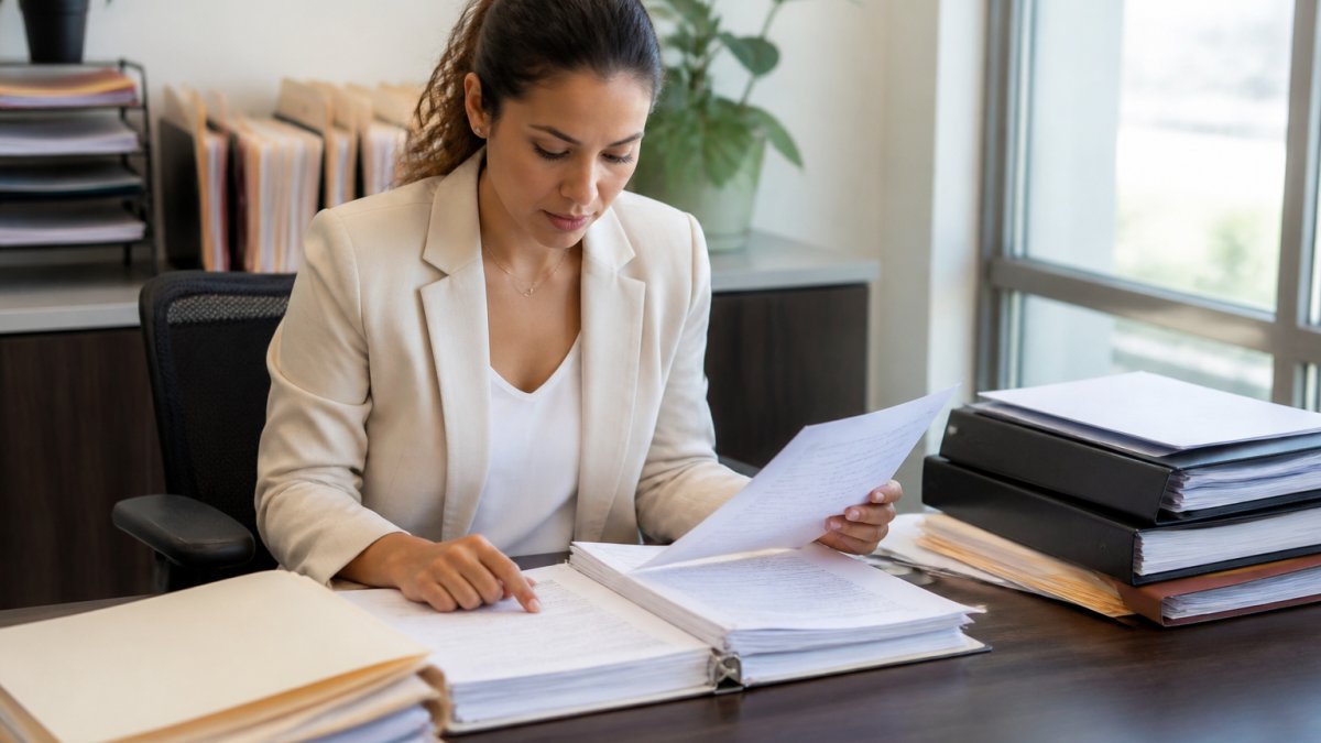 Professional healthcare administrator at desk reviewing credentialing documents and application forms with organized files and folders in modern office setting