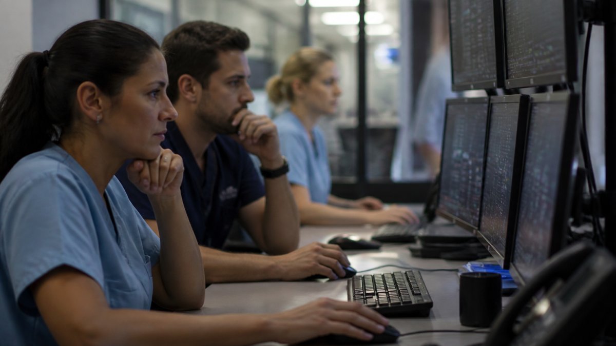 IT staff monitoring network threat alerts in a hospital security operations center as part of healthcare cybersecurity best