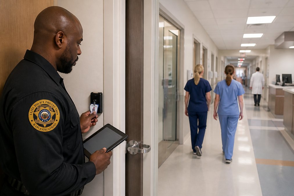A security officer in a healthcare setting using a tablet to check credentials at a badge-controlled door, with nurses walking through a well-lit corridor in the background