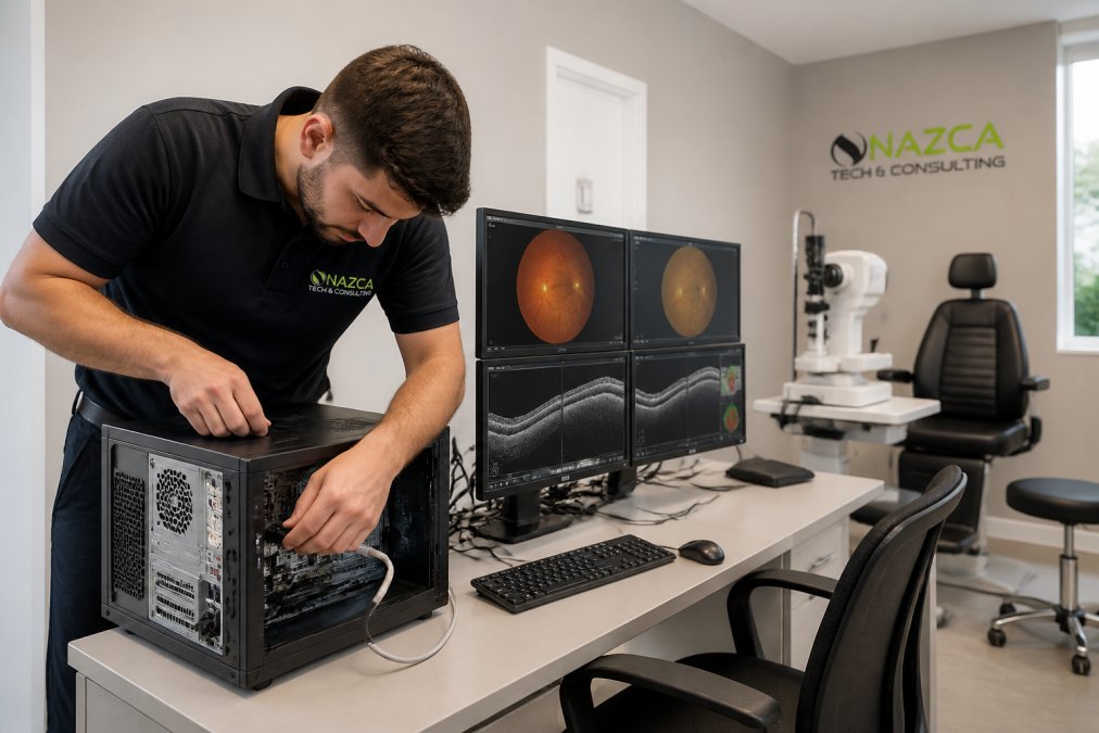 Professional IT technician providing on-site support in an ophthalmology clinic, troubleshooting computer equipment at a clinical workstation with diagnostic imaging displays visible, modern clinic lighting