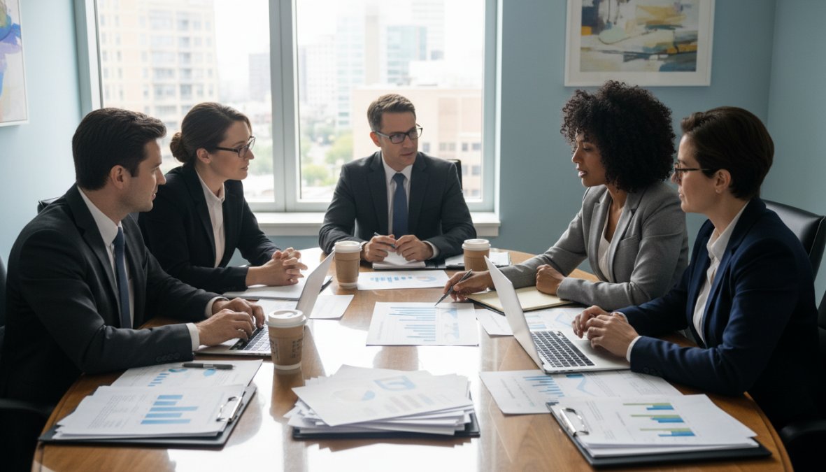 A diverse group of healthcare professionals in business attire gathered around a conference table in a bright modern room, collaborating over laptops and printed reports in what appears to be a strategic planning or leadership meeting