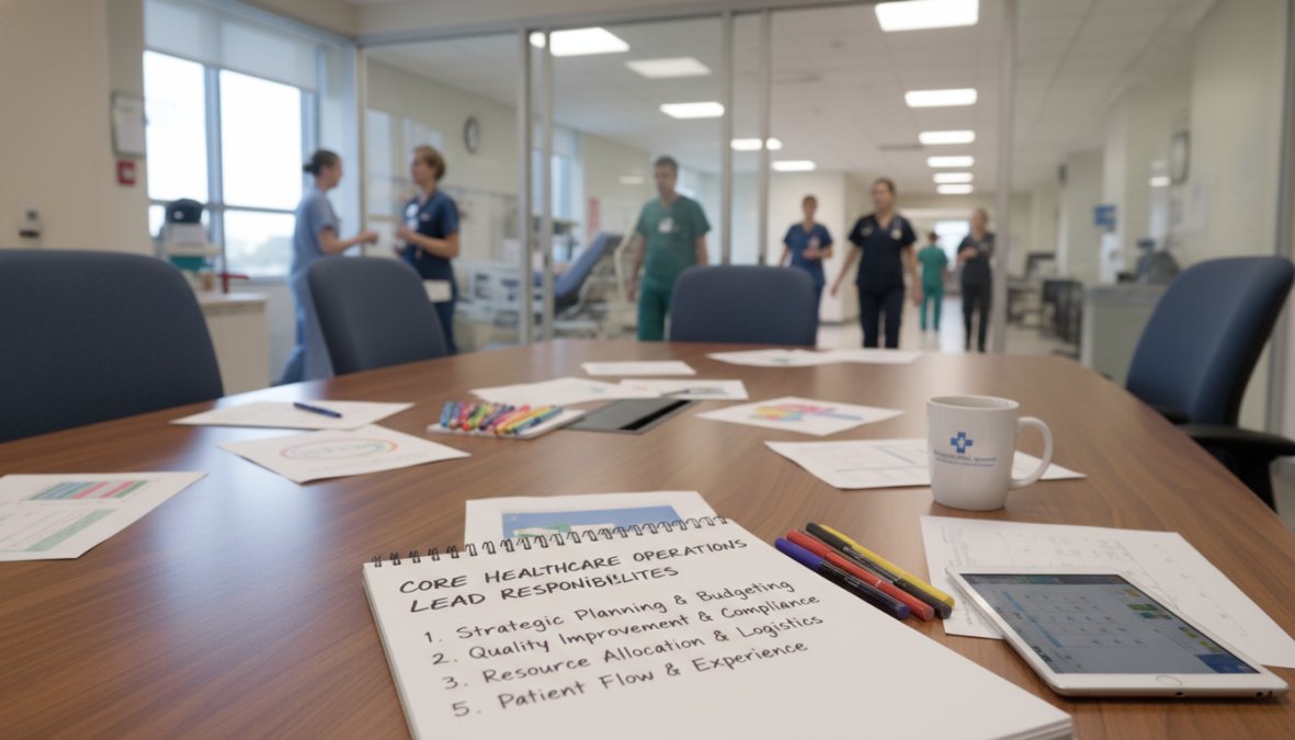A healthcare operations professional in business attire reviewing printed schedules and a laptop screen at a desk inside a modern hospital administrative office, with blurred clinical staff moving in the background under bright fluorescent lighting