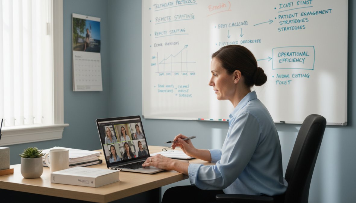 A healthcare administrator in business casual attire conducting a telehealth coordination meeting on a laptop at a clean desk, with a whiteboard showing workflow notes visible in the background of a bright clinical office with large windows