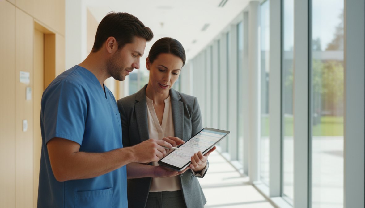 Physician and practice manager standing side by side in a bright modern clinic hallway, both looking at a shared tablet screen displaying patient records, with natural light coming through large windows behind them