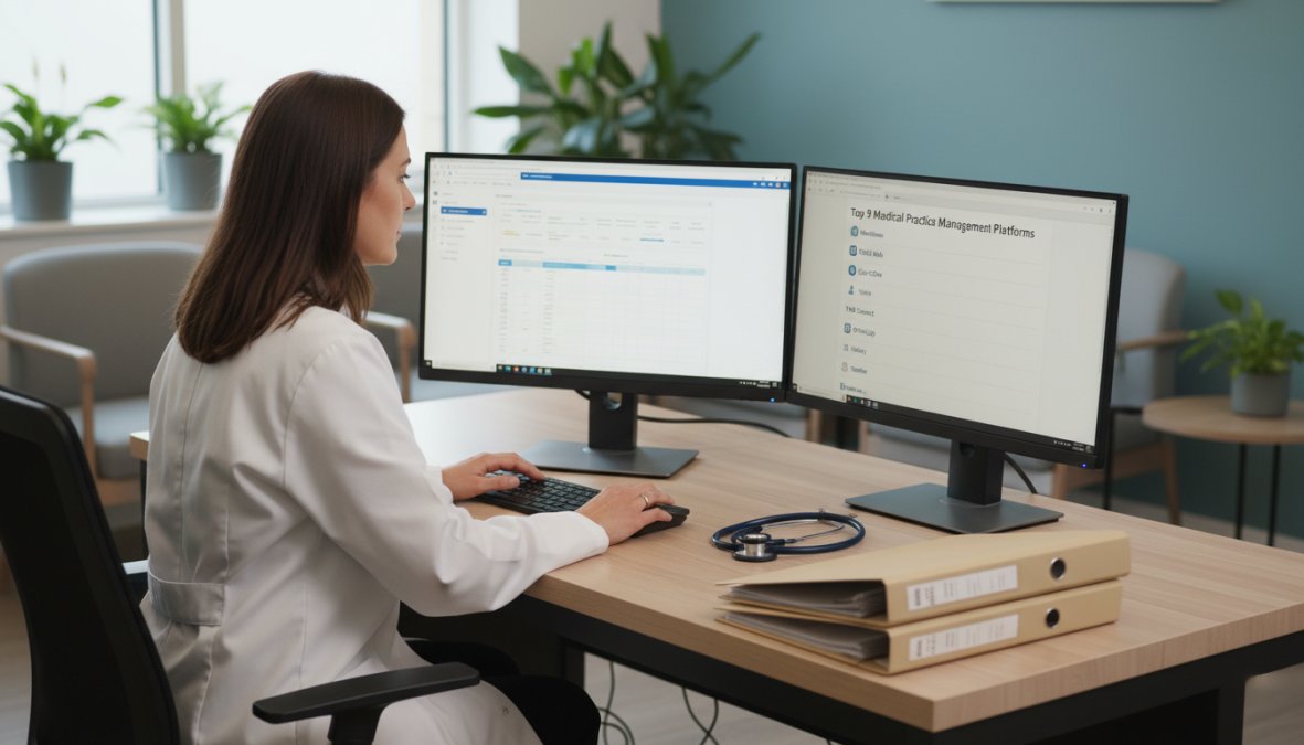 A clinic administrator sitting at a modern desk reviewing software on a dual-monitor setup, with a stethoscope and patient folders visible nearby, warm overhead lighting in a clean, professional UK clinic environment