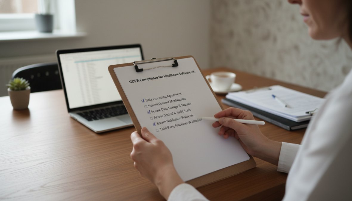 Close-up of a healthcare professional's hands reviewing a compliance document or data security checklist on a tablet, with a laptop open in the background in a private, well-lit office setting