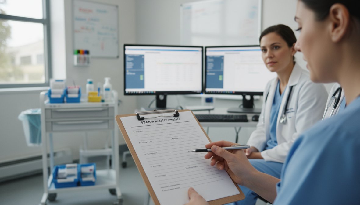 Two nurses at a hospital nursing station reviewing a printed SBAR handoff form together, one pointing at the document while the other listens attentively, clinical environment with EHR screens in the background