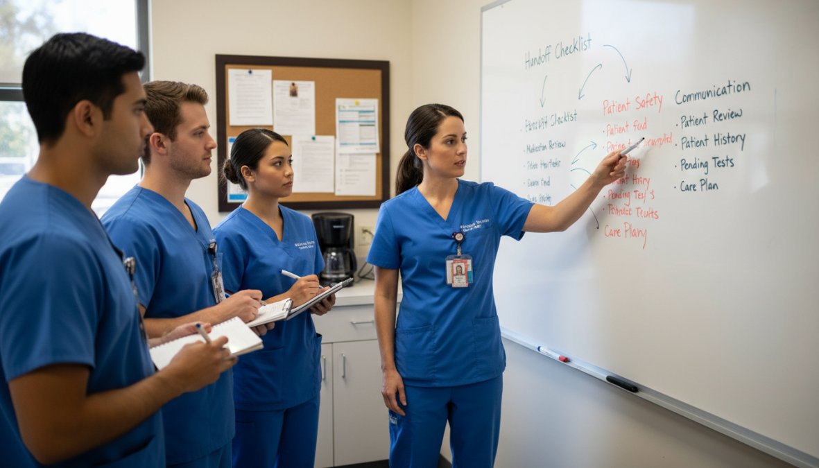 A hospital manager or charge nurse leading a small team huddle around a whiteboard in a break room, with handoff checklist notes visible on the board and staff members engaged in discussion, warm overhead lighting