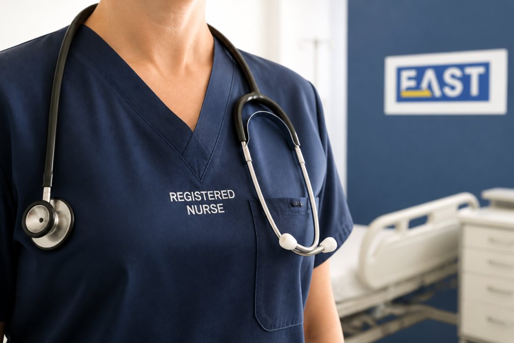 Infographic illustrating the durability of embroidered logos on healthcare uniforms through repeated washing cycles.