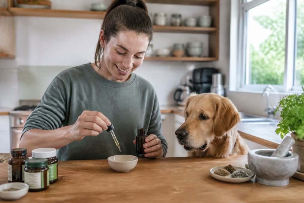Pet owner preparing natural supplements with FortunatePaws hemp seed oil for healthier happier pets at home