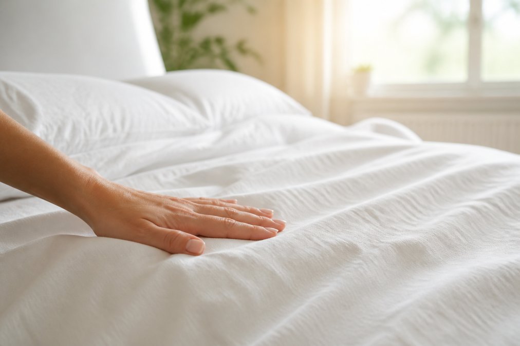 Close-up of a hand feeling the texture of natural white cotton fabric on a neatly made bed in a bright, airy bedroom with soft morning light streaming through a window
