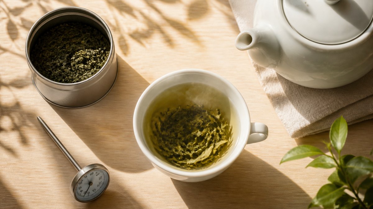 Step-by-step diagram for brewing loose leaf green tea with a thermometer and teapot on a wooden table