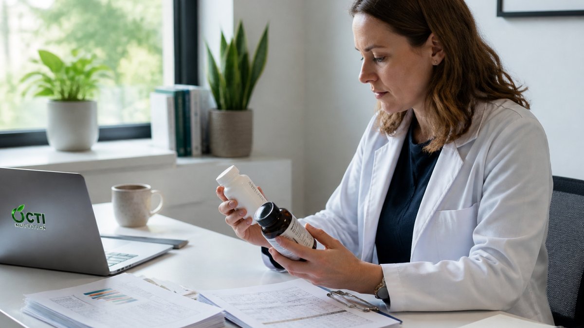 Professional reviewing supplement bottles and test results at a bright desk with natural window lighting, comparing ingredient labels and documentation