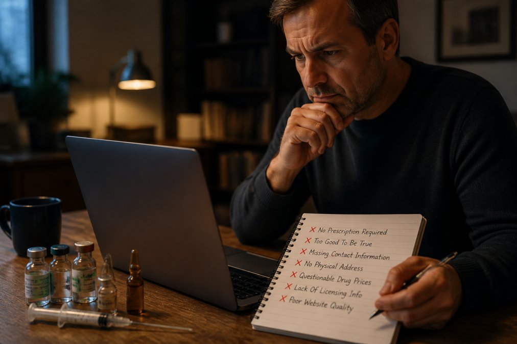 Person sitting at desk reviewing a pharmacy website on laptop screen with a notepad listing warning signs visible beside the keyboard, natural office lighting
