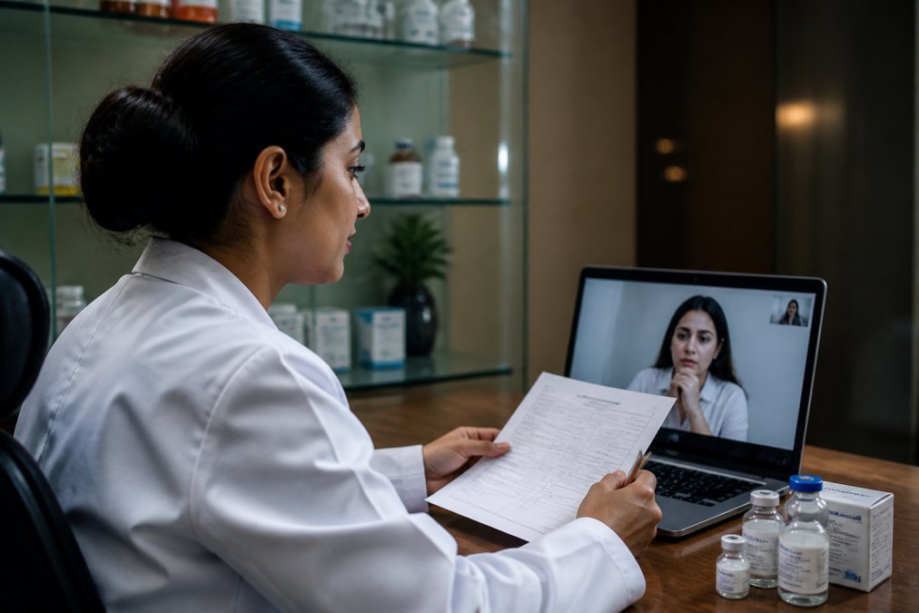 Pharmacist in professional white coat reviewing prescription documents on computer screen during a patient video consultation in modern pharmacy setting with soft office lighting