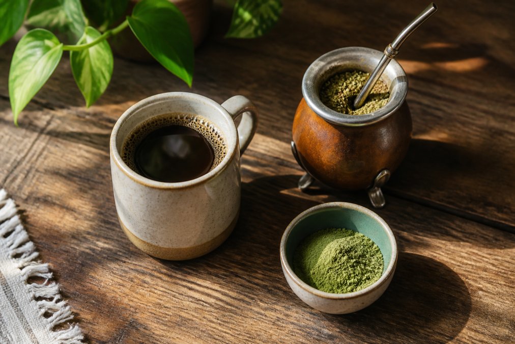 Flat lay of a freshly brewed cup of specialty coffee alongside a small bowl of matcha powder and a gourd of yerba mate on a wooden surface, natural morning light streaming from the left