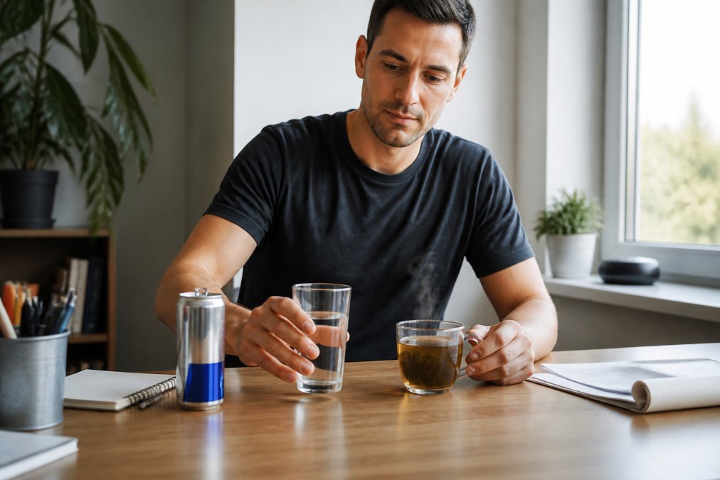 Person sitting at a well-lit home office desk, calmly replacing an open energy drink can with a glass of water and a steaming mug of herbal tea, looking relaxed and focused