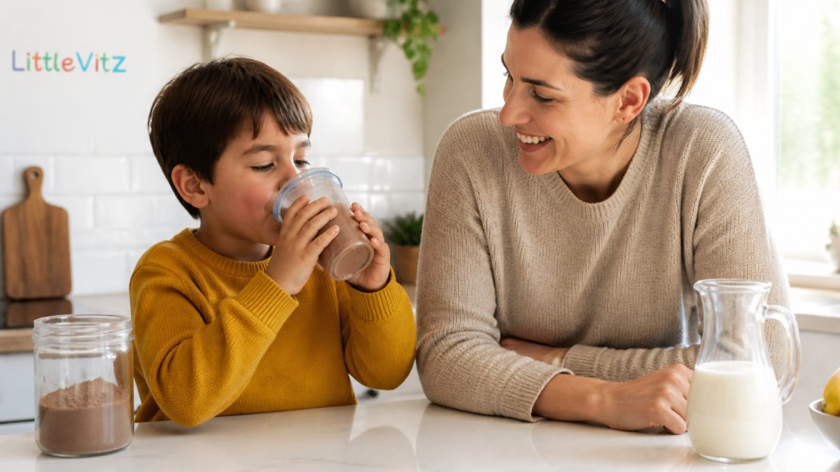 Parent smiling while their young child drinks a nutritious chocolate smoothie in a bright kitchen