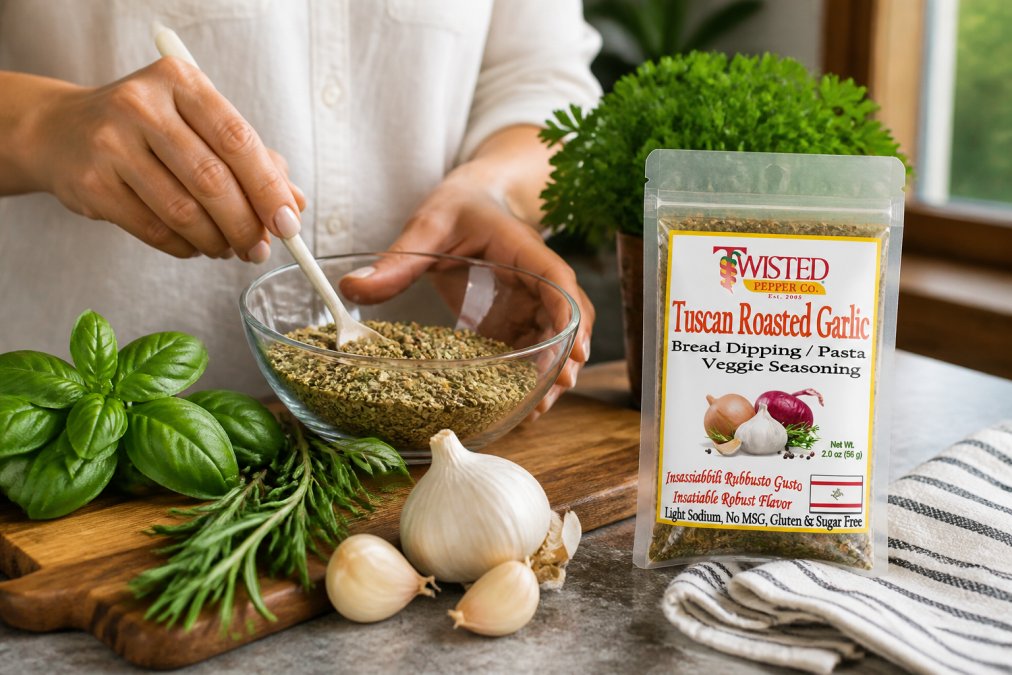 Hands mixing dried herbs and spices in a glass bowl on a kitchen counter, with fresh basil, rosemary, and garlic cloves arranged nearby in natural afternoon light