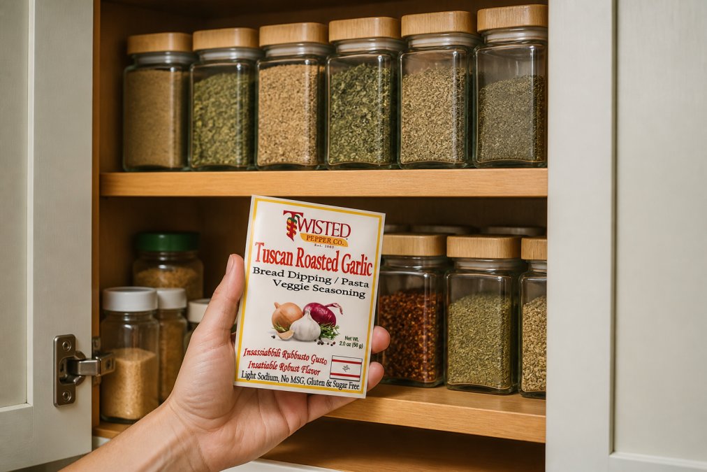 Well-organized spice cabinet with glass jars labeled with dried herbs and spices, showing proper air-tight storage containers arranged on wooden shelves with soft natural light