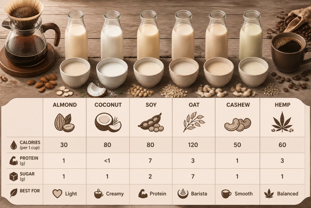 Overhead shot of various plant-based milk alternatives in glass bottles and ceramic cups with fresh coffee brewing in the background, scattered almonds and shredded coconut on weathered wooden table with natural morning light