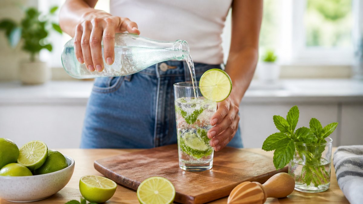A person pouring sparkling water into a glass with fresh lime and mint on a kitchen counter, bright natural light, casual and refreshing scene