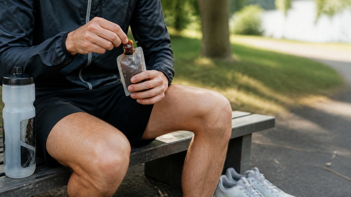 A runner's hands opening a small reusable pouch filled with date paste while sitting on a park bench, with a water bottle and running shoes visible nearby in soft morning light