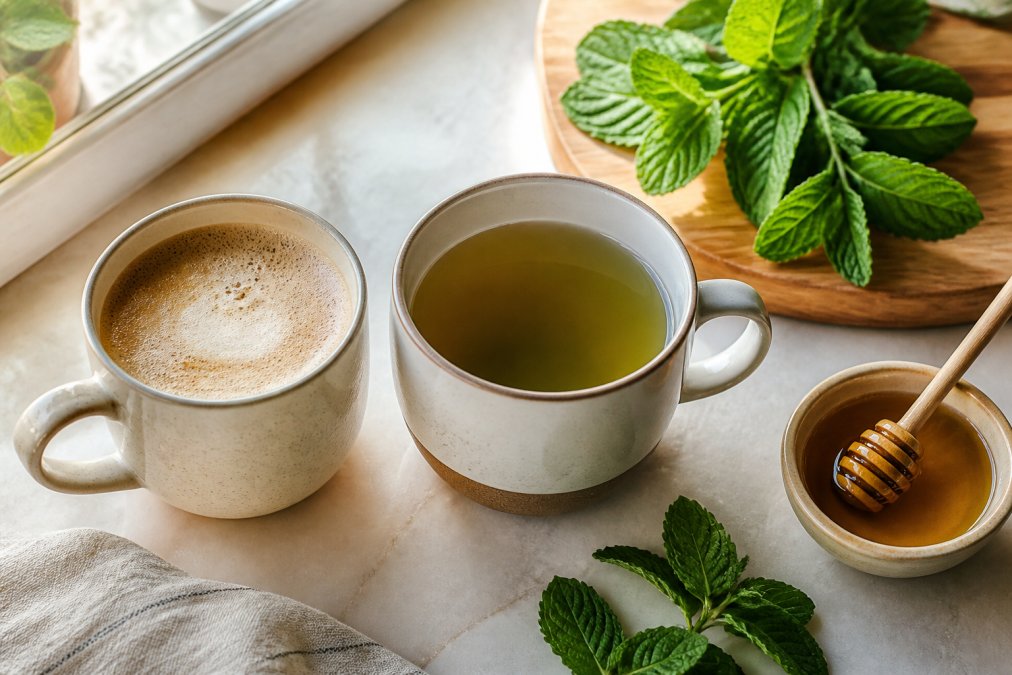 Overhead shot of a kitchen counter with two mugs side by side, one filled with a frothy latte and the other with a clear cup of green tea, surrounded by fresh mint leaves and a small bowl of raw honey, soft morning window light