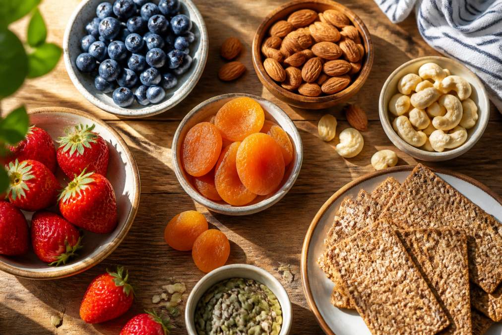 Overhead flat lay of colorful whole foods including fresh berries, almonds, cashews, dried apricots, and whole grain crackers arranged on a wooden surface with natural morning sunlight streaming across