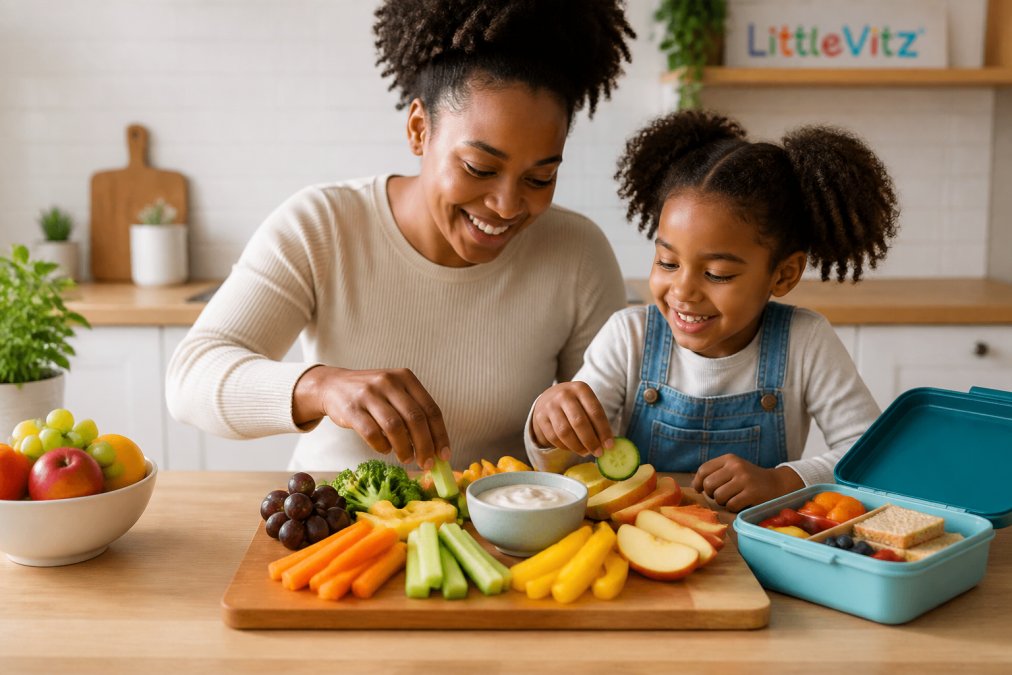 Parent and child preparing healthy fruit and vegetable snacks as alternatives to sugary snacks in a bright kitchen.