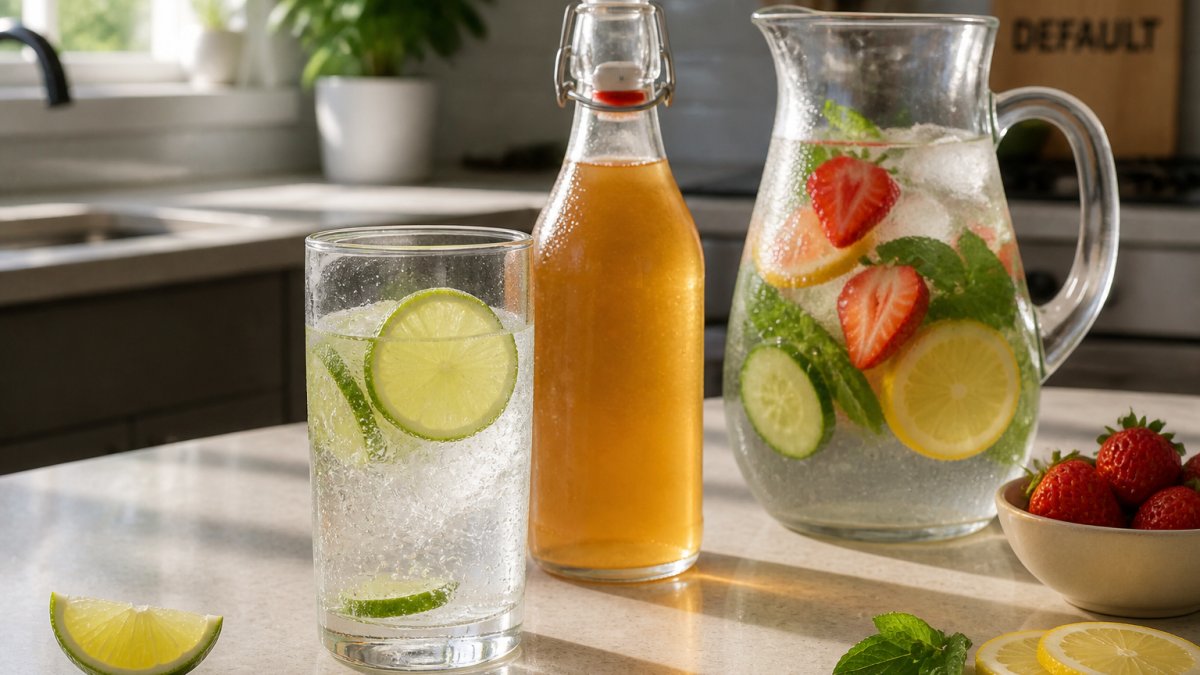 A sunlit kitchen counter with a glass of sparkling water with lime, a bottle of kombucha, and a pitcher of fruit-infused water, condensation on the glasses
