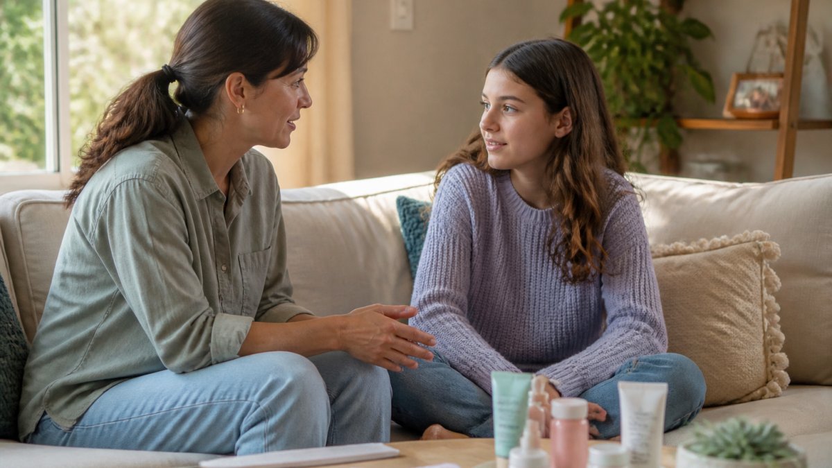 A parent and teen having an open, supportive conversation on a comfortable couch in a sunlit living room.